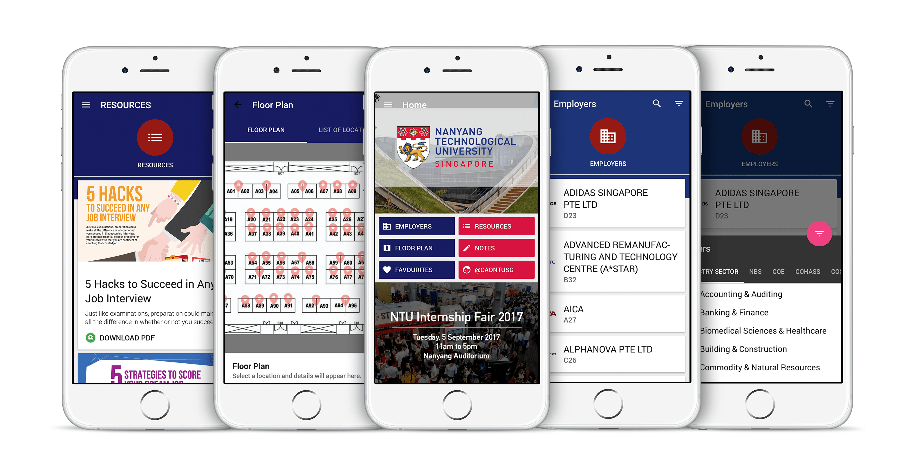 5 screenshots of NTU's career fair app